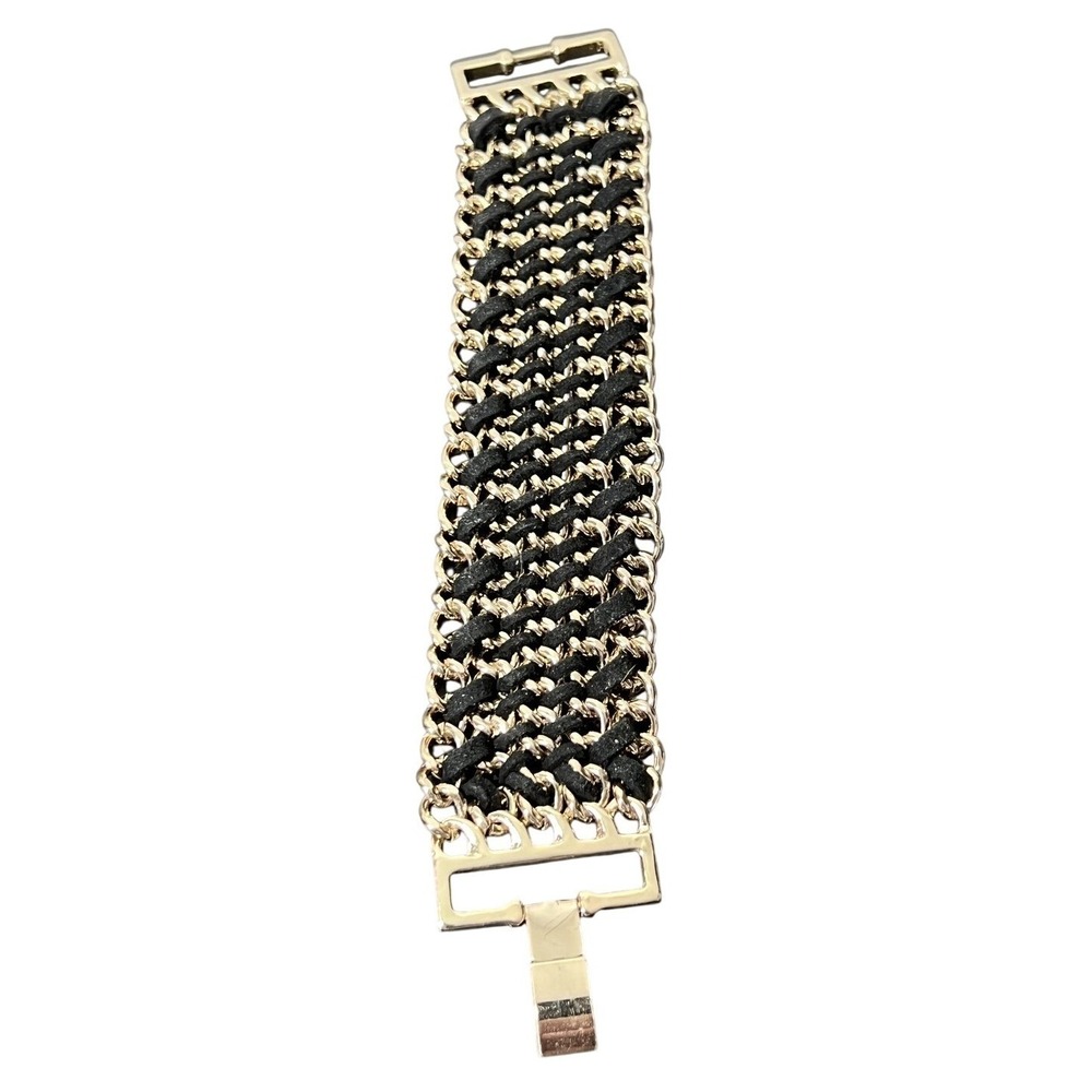 Chic Gold Tone Chain & Black Fabric Interwoven Wide Fashion Bracelet Cuff